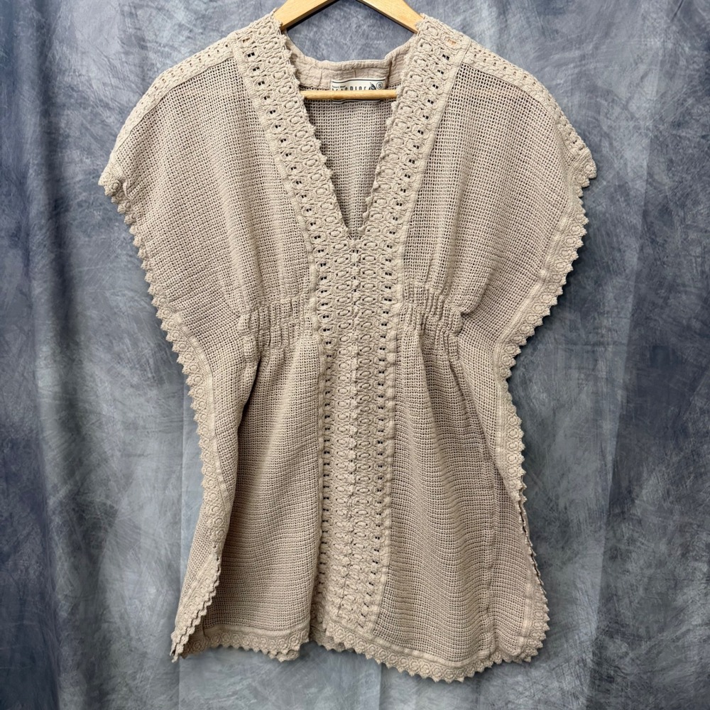 Seaspice Resort Wear Beige Peruvian Cotton Crochet Cover Up Top Small